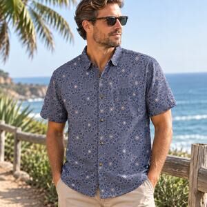 Roark Revival Blue Geometric Floral Print Camp Shirt Men's Medium Button Up